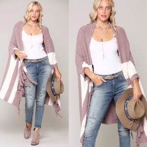 Cozy Pink Stripe Fringe Oversized Open Front Cardigan